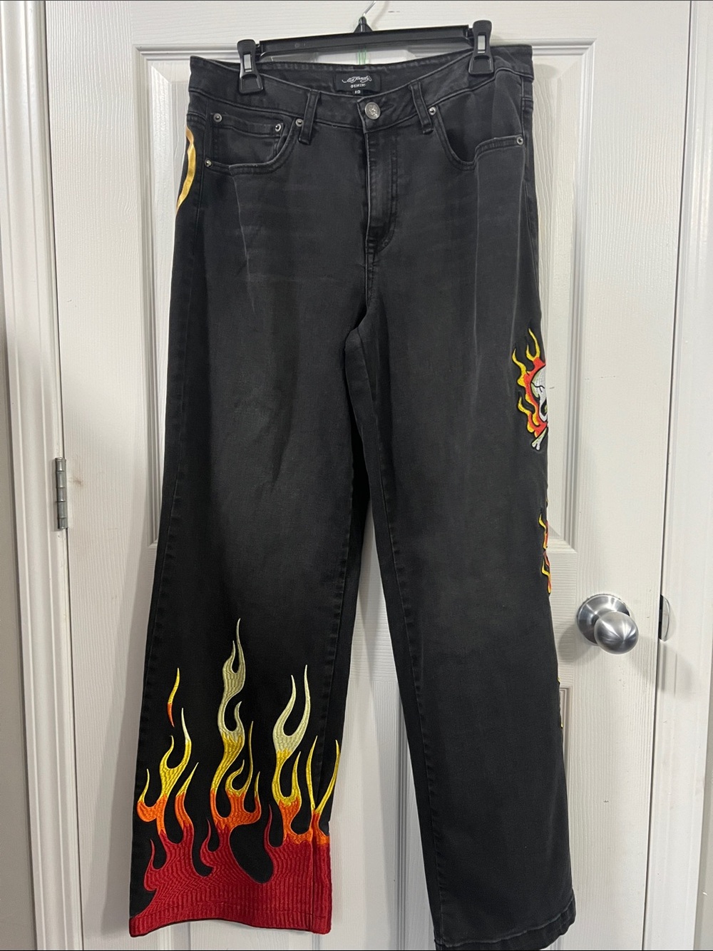 Ed Hardy Black Flame-Print Wide Leg Jeans